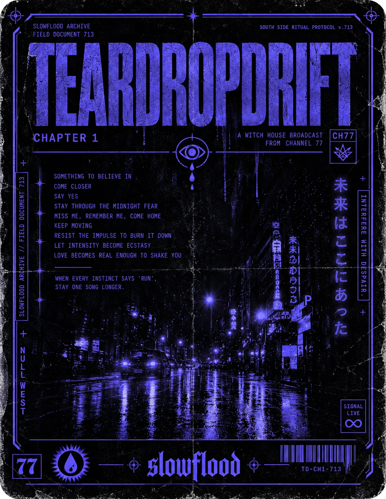 TEARDROPDRIFT Chapter 1 cover artwork, distressed purple and black archive illustration